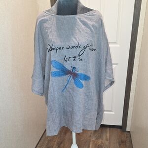 Gray Blouse with Blue Dragonfly Design